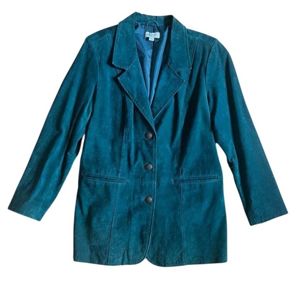 Vintage Denim & Co Emerald Green Suede Leather Jacket Ornate Buttons Large‎ Y2K